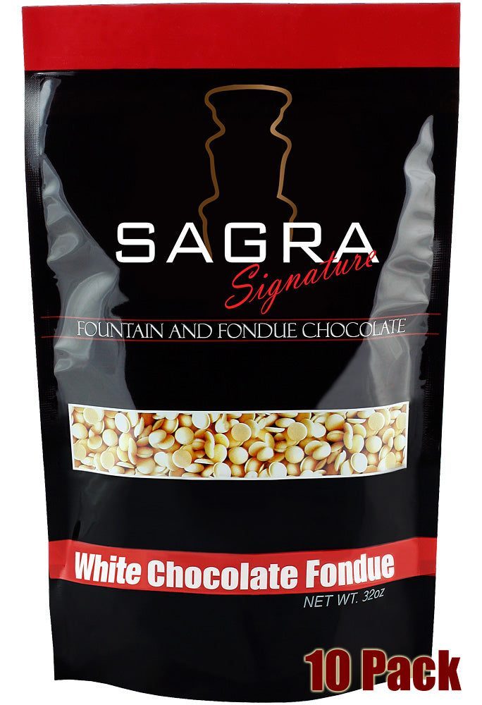 Sagra Signature Chocolates quality -- Made just for chocolate fountains (no oil needed) -- Bright white, creamy chocolate fondue -- Ten microwavable 2 lb. bags (serves appx. 250) -- Use color dyes to tint any shade